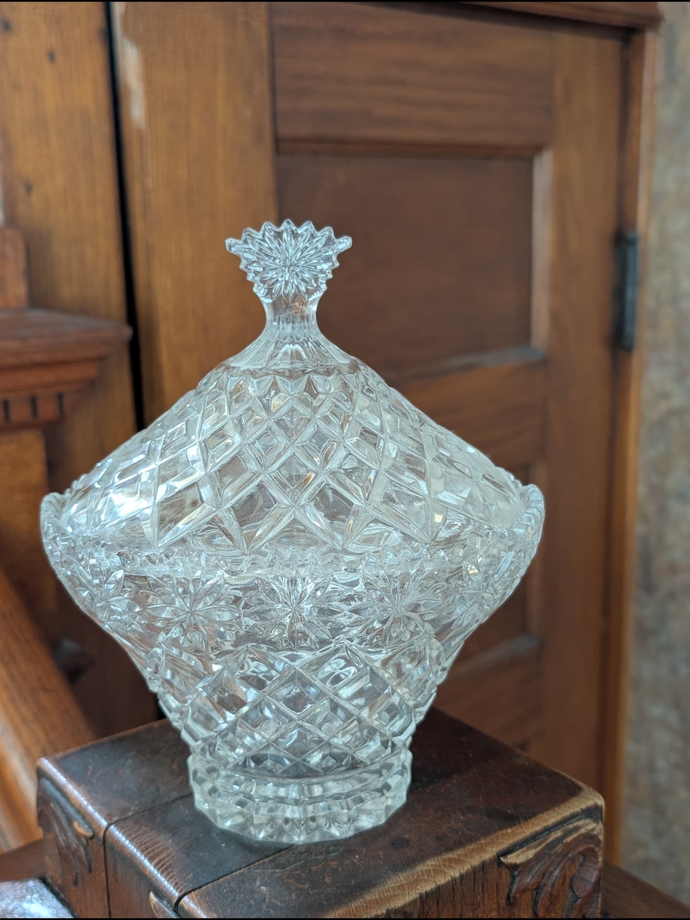 Vintage 1980s Crystal Candy Bowl, Unique Cut Crystal Dish with Lid Lead